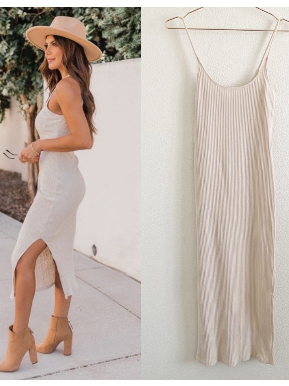 Reformation Beige Ribbed Slip Midi Dress